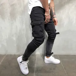OLOME новые мужские многокарманные мужские байкерские джинсы тонкие мужские штаны брюки для мужчин s черный цвет уличная Swag джинсовые брюки
