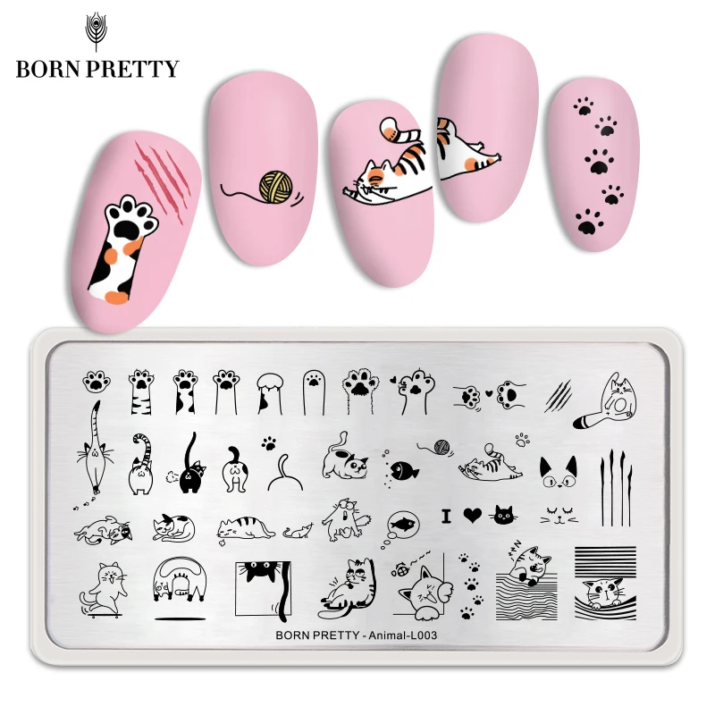 

BORN PRETTY Animal Rectangle Nail Stamping Plates Cute Cats Nail Art Image Stencil Animal Theme L003