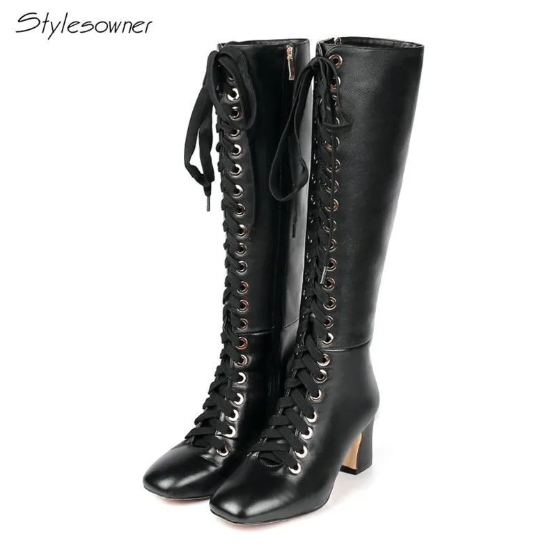 

Stylesowner New Arrived Lace Up Long Boots Real Leather High Heels Knee High Winter Boots With Plush Inside Warm Cozy Boots