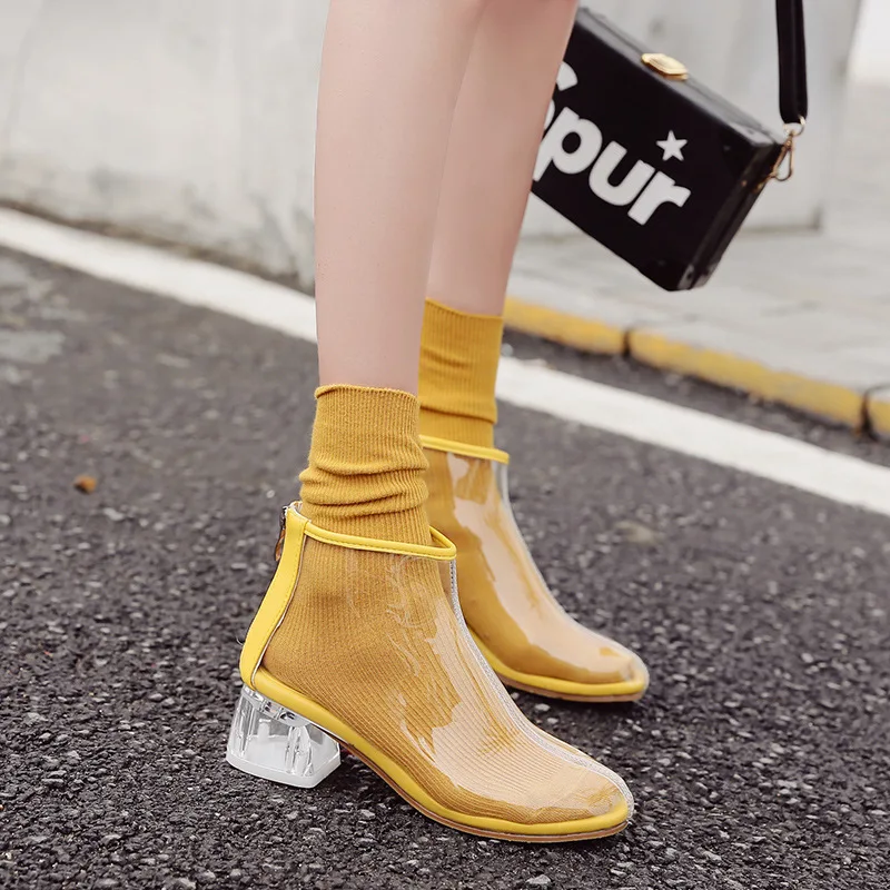 

Spring Autumn Shoes Woman 2019 Square Block Heels Ankle Boots Platform Transparent Rain Boots Women Water Shoes Yellow