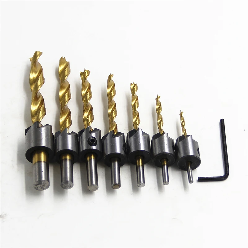 

FGHGF 7PCS Titanium Plated Screws Guide Countersink Bit Wood Drilling Press Set Chamfer Reamer Woodworking Power Tools 3mm-10mm