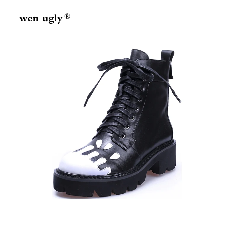 

wen ugly Winter martin boots women platform women's leather motorcycle boots 2018 new women's boots fashion punk handmade shoes