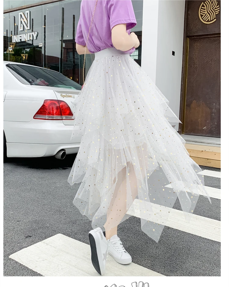 Women's Skirts Summer 2020 New Korean Stars Sequin Elegant High Waist A-line Pleated Elastic Belt School Spring Midi Skirt Femme