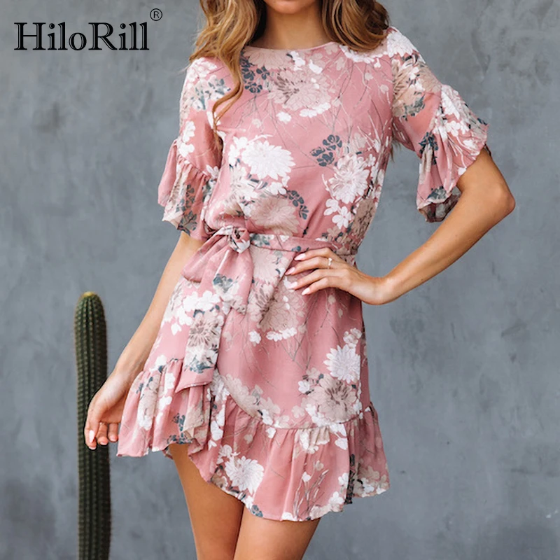 

Boho Style Summer Beach Women Dress Floral Print Elegant Ruffles Dresses Casual O-Neck Short Sleeve A Line Mini Party Dress Robe