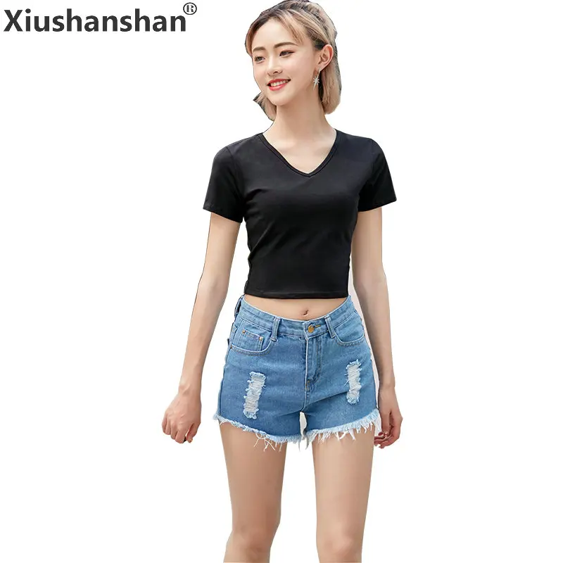 Xiushanshan Высокое качество 12 Цветов одноцветное S XXL Повседневное футболка хлопок v-образным вырезом короткий рукав тонкий Для женщин Crop Tee