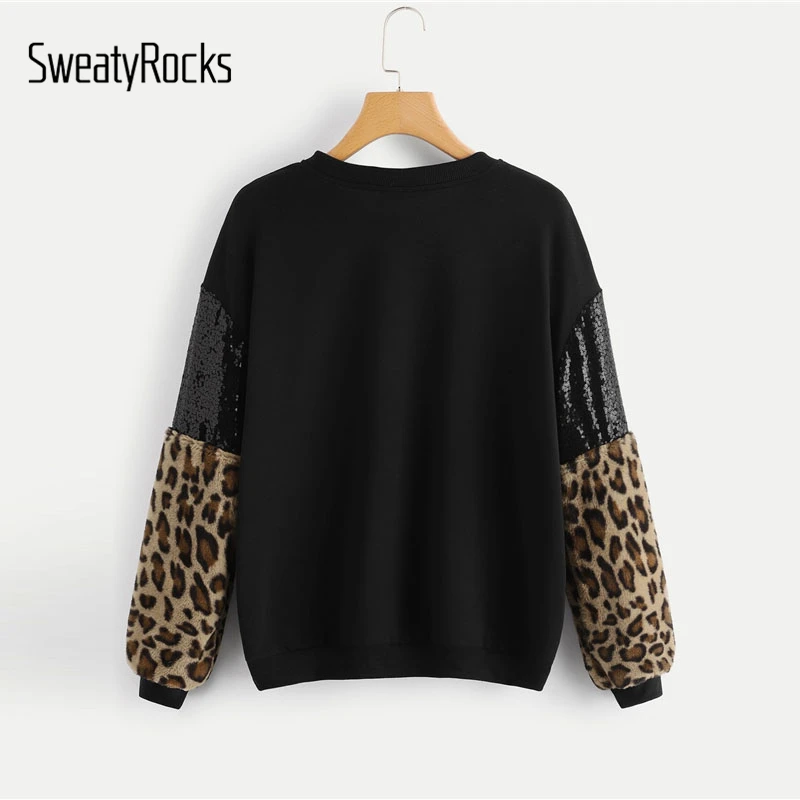 SweatyRocks الأسود التباين الترتر ليوبارد السترة طويلة الأكمام س الرقبة البلوز قمم 2018 الخريف أزياء المرأة عارضة سوياتشيرتس SweatyRocks الأسود التباين الترتر ليوبارد السترة طويلة الأكمام س الرقبة البلوز قمم 2018 الخريف أزياء المرأة عارضة سوياتشيرتس