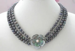 

FREE SHIPPINGNoble 3strands 6.5-7.5mm black FW pearl necklace flower
