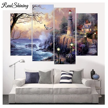 

REALSHINING 4Pcs Mosaic Picture sea,lighthouse,5D DIY Diamond Painting,diamond Embroidery Full Cross Stitch Rhinestone FS1359