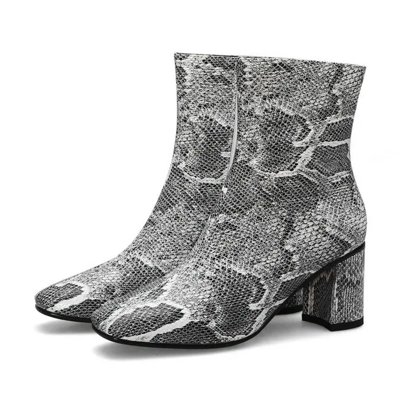 NESIMOO 2019 Fashion Women Ankle Boots PU leather Snakeskin Square High Heel Zipper Fashion All Match Elegant Shoes Size 34-43