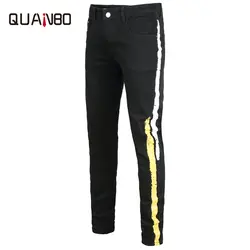 QUANBO мужские черные узкие эластичные джинсы в стиле панк мода Slim Fit эластичный пояс Джинсы для женщин печати джинсовые узкие брюки плюс