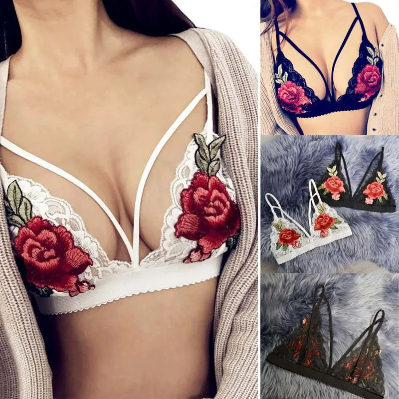 

2019 fashion Women Bandage Appliques Floral Lace Bralette Bustier Crop Top Sheer Unpadded underwear lingerie Full Cup Sexy