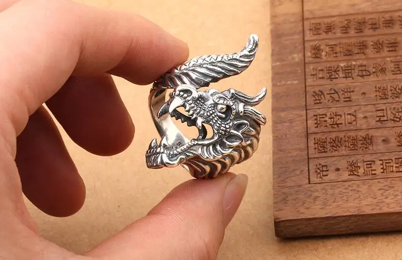 Винтажное кольцо с драконом из серебра 925 пробы, настоящее серебряное кольцо с драконом, регулируемое тайское серебряное кольцо на удачу