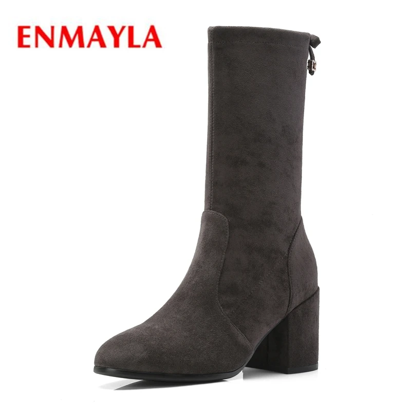 

ENMAYLA New Fashion women solid round toe short boots botas mujer lady square heel mid-calf boots Size 34-39 ZYL1306