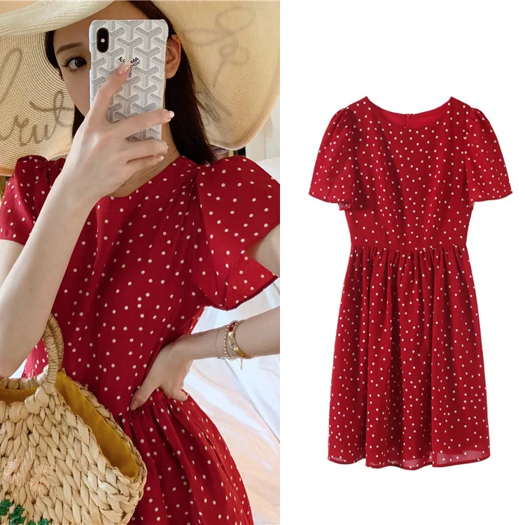

New brother summer accept show thin waist very fairy red wave points hubble bubble sleeve round collar dress G0519