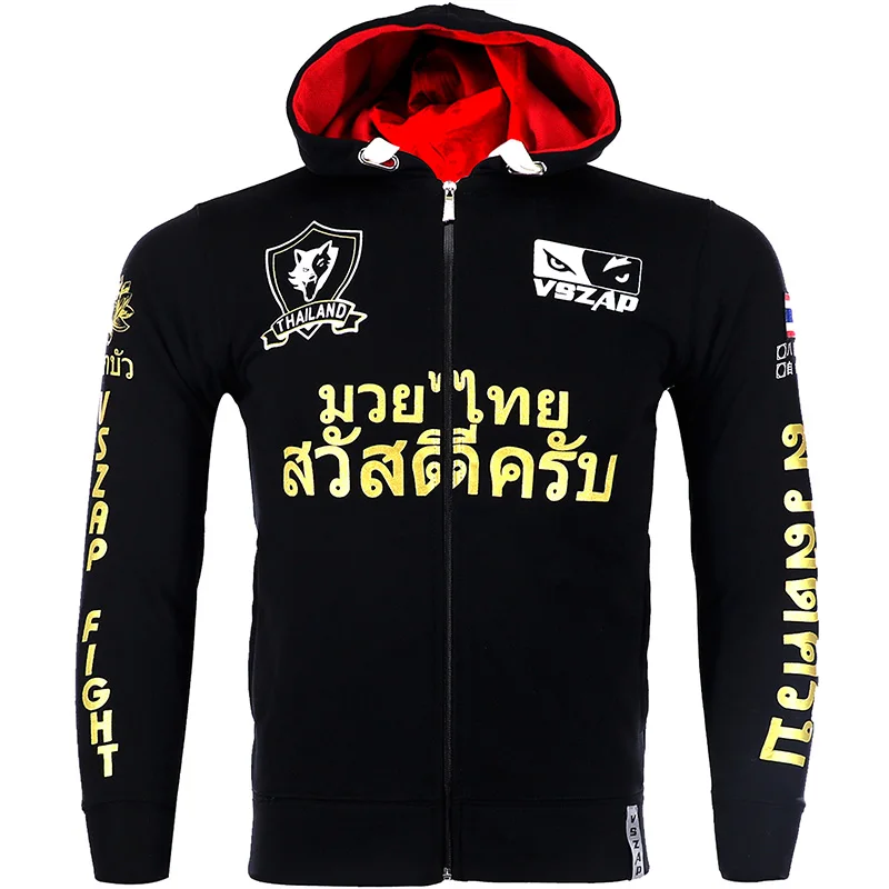 VSZAP Лотос мужские кофты с капюшоном в стиле MMA пальто осень флис утолщаются унисекс Муай толстовки в тайском стиле фитнес кикбоксинг спортивная куртка - Цвет: Черный