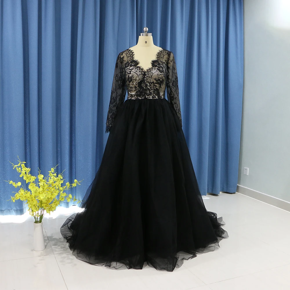 Gothic Black Lace Ball Gown Wedding Dress Long Sleeves Sexy Open