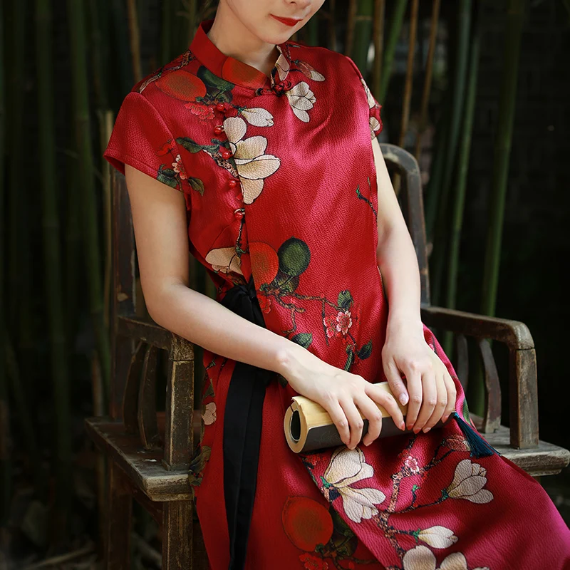 LZJN High Quality Summer 100% Real Silk Print Dress Split Qipao Chinese Style Long Cheongsam Slim Classic Women's Dress Custom (5)