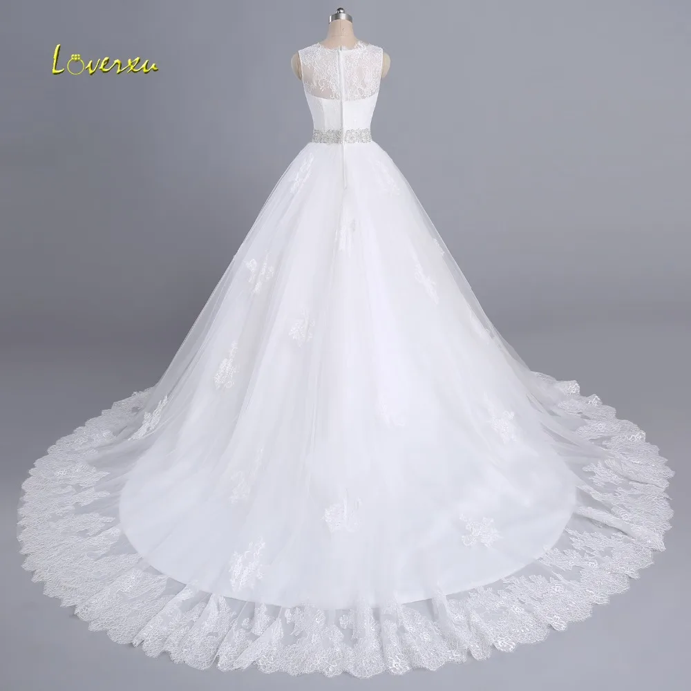 Loverxu Robe De Mariage с глубоким круглым декольте расшитые бисером бальное платье Винтаж свадебное платье Изящные Аппликации суд поезд невесты платье