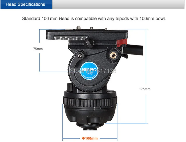 BENRO H10 профессиональная гидравлическая подвижная видеокамера с головкой QR10 БЫСТРОРАЗЪЕМНАЯ тарелка; алюминий вес головки видео 2,5 кг максимальная нагрузка 10 кг