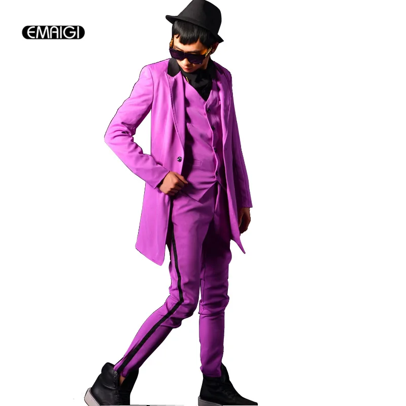 

Men Suits Sets 3 Pieces Long Suit Jacket Male fashion Casual party dress Suit Men Stage Nightclub Clothing