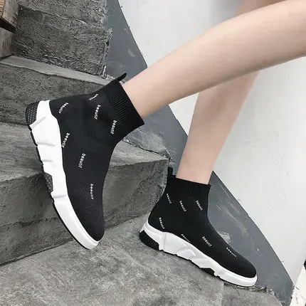 

Spring new elastic socks shoes high to help thick bottom muffin bottom knit breathable running shoes women