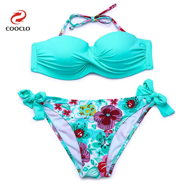 Special Offers COOCLO 2018 Hot sale Floral Print Bikini Halter Bandeau Top Sexy Bikini Set Women Swimwear Biquinis Brazilian New Style Swimsuit