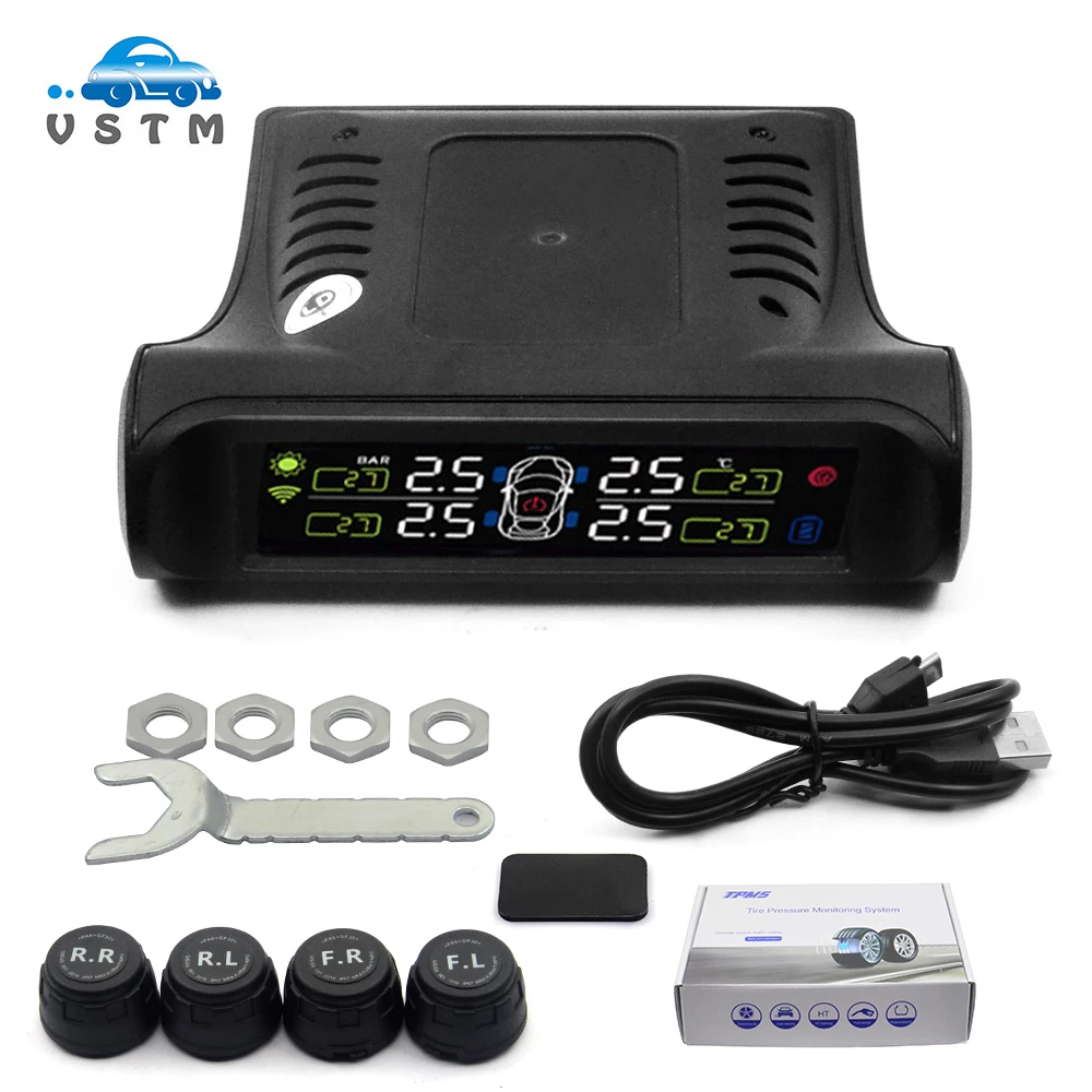 

2019 Solar Power TPMS Car Tire Pressure Monitoring System LCD Display 4 External Sensors with Best quality