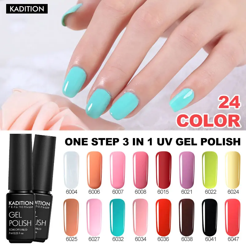 

KADITION One Step Nail Polish 3 In 1 Gel Varnish 7ml Soak Off UV Nail Art Varnish 24 Color Semi Permanent Primer Gel Lacquer For
