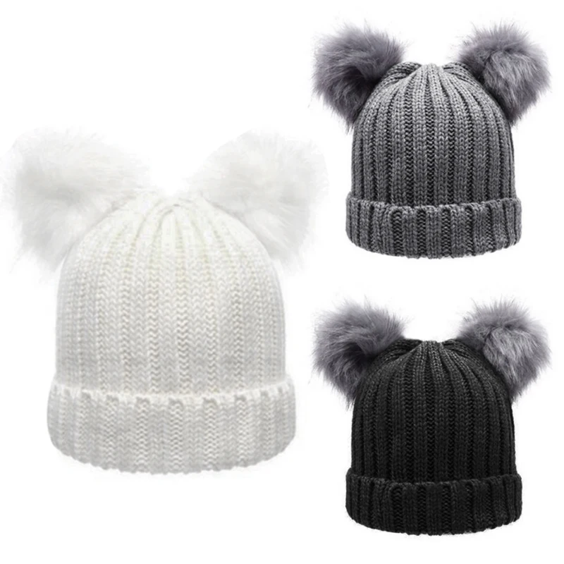 2018 Kids Pompom Beanie Cap Baby Knitted Double Pom Pom Faux Fur Hat