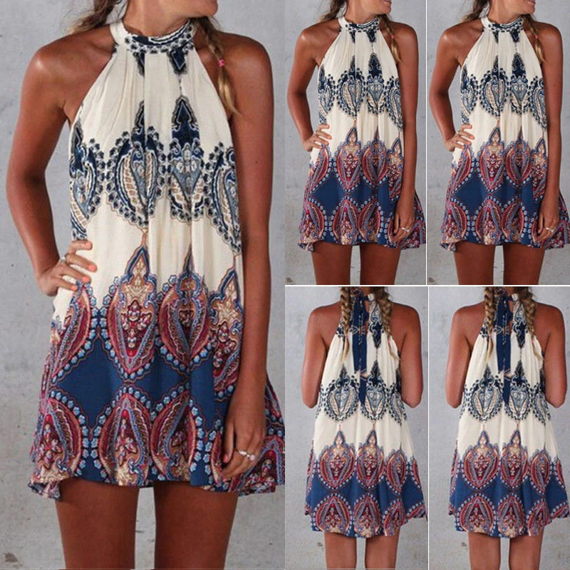 Casual Loose Holiday Beach Party Dress Woman Halter Sleeveless Short Dresses Ladies Summer Floral Printed Dress Mini Vestidos