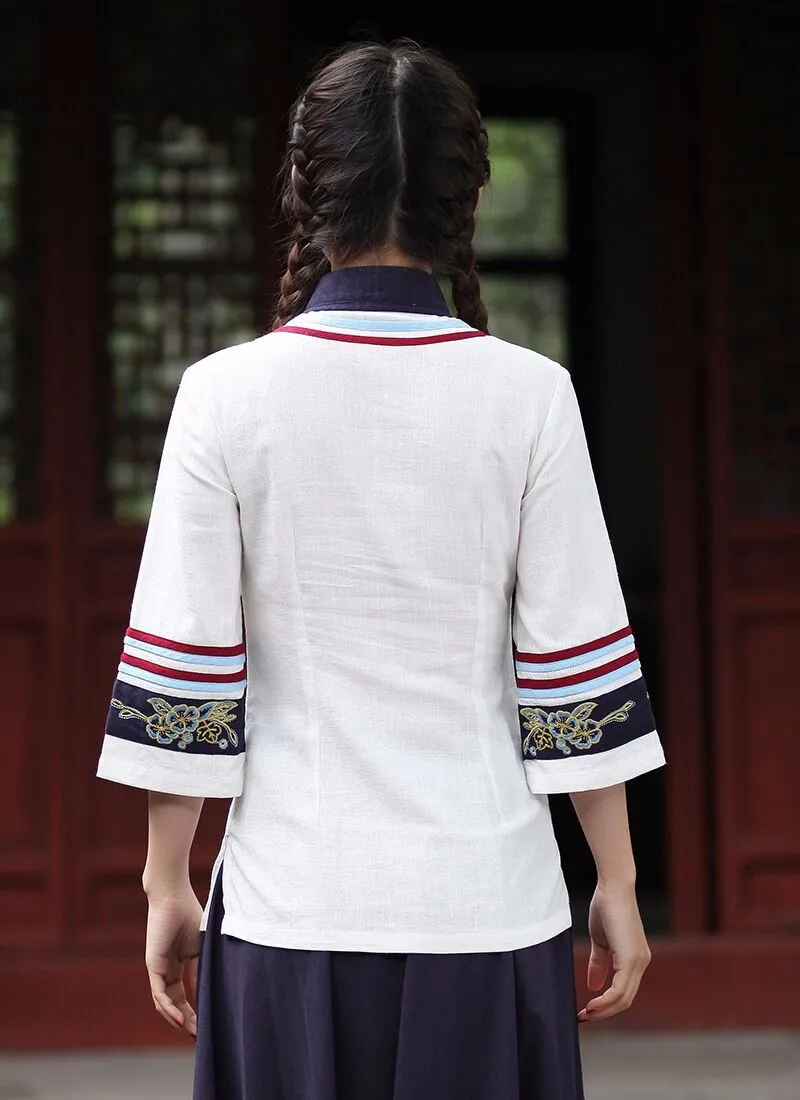 Новое поступление, белые китайские женские рубашки Юбки, комплекты из хлопка и льна, костюм танга, размер S M L XL XXL XXXL 2619-1