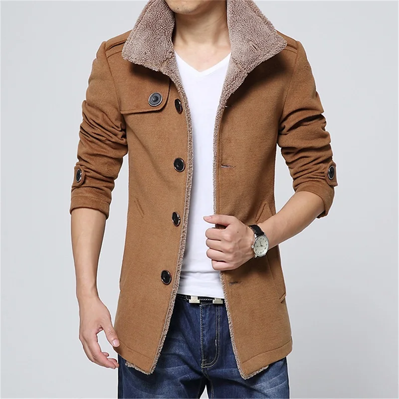 Высокое качество модный бренд шерсть зимняя куртка длинный плащ для мужчин Slim Fit Мужское пальто толстые хаки Тренч ветровка