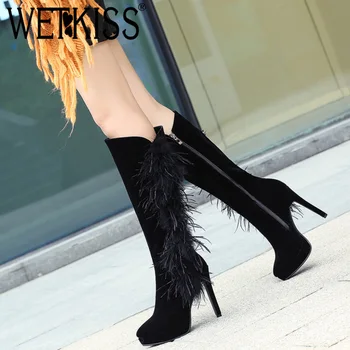 

WETKISS Autumn High Heels Women Boots Rubber Round Toe Feather Footwear Fur Platform Female Boot Knee High Shoes Women 2018
