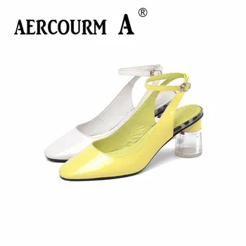 

Aercourm A 2019 Women Solid Color Buckle Pumps Lady Patent Leather Shoes Square High Heel Pumps New Beige Yellow Slingback Shoes
