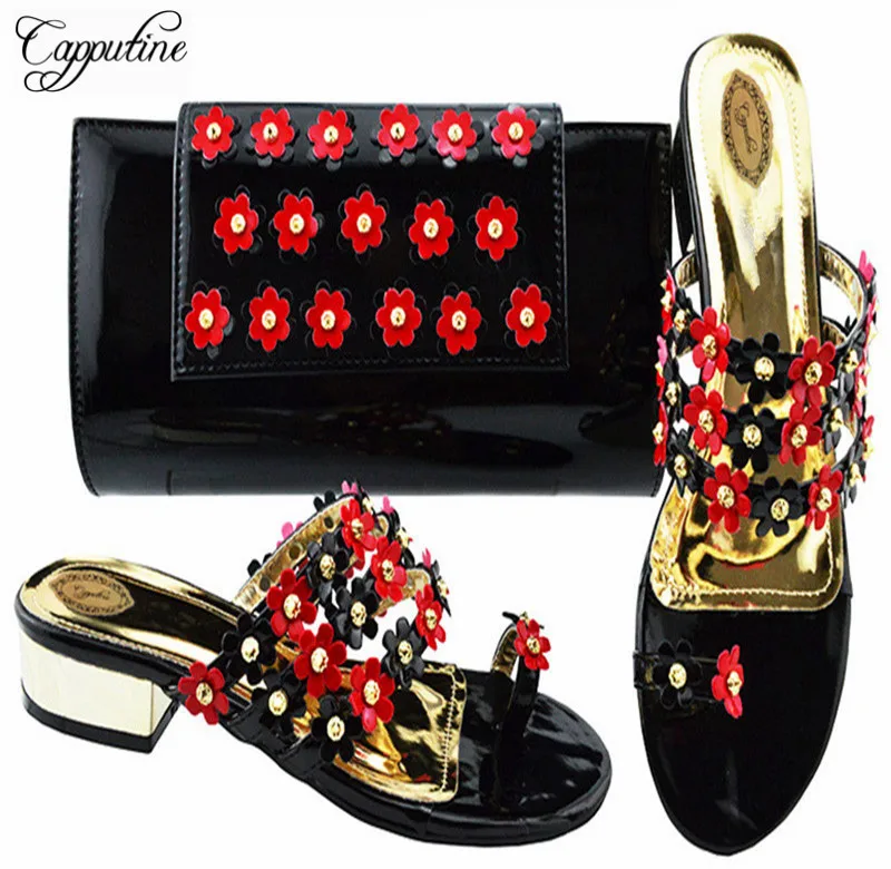 

Capputine Nigeria Desgin Woman Shoes And Purse Set Italian Style Low Heels Slipper And Bag Set For Party 7Color Wholesale C006