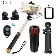 12X зум телеобъектив с селфи Зажимы штатив Fisheye Широкий формат макро Lentes для сотового телефона lneses комплект телескоп