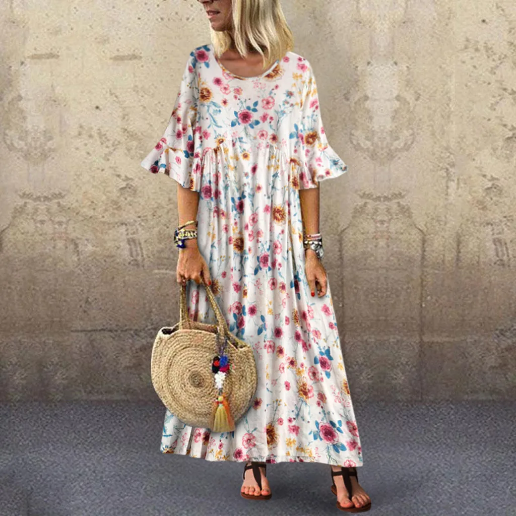 

feitong Women Vintage Leisure Trumpet Sleeve O-Neck Broken Flower Print Long Dress dresses woman party night sukienki damskie