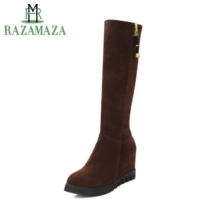 

RAZAMAZA Size 33-43 Woemn High Wedges Boots Zipper Knee Boots With Thick Fur Shoes For Cold Winter Long Boots Women Footwears