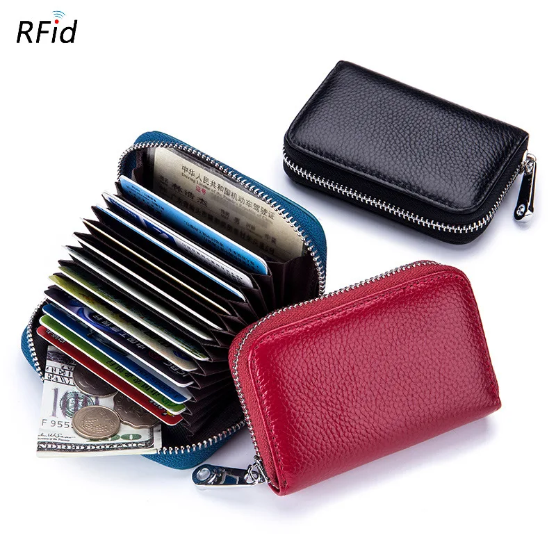 

RFID Wallet Lock Bank Card Men Genuine Cowhide Leather Card Case Zipper Slim Card Business Bus ID Card Bag 12 Slots