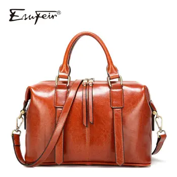 

ESUFEIR Genuine Leather Women Handbag Casual Female Shoulder Bag Oil Wax Leather Crossbody Bag Designer Brand Boston Women Bag