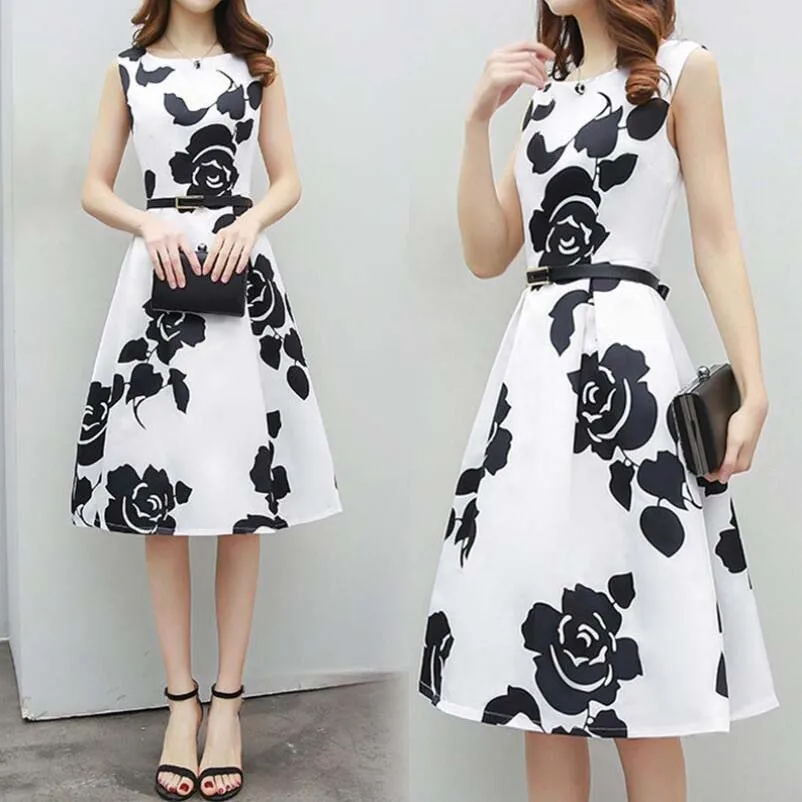 Noenname_null новый женщины повседневная лето черно-белой печати dress рукавов мода