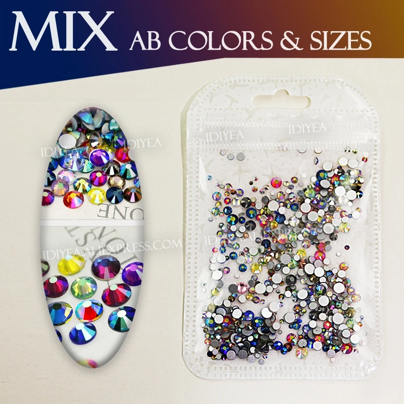 С плоским основанием АВ цвета смешанные размеры SS3 SS4 SS5 SS6 SS10 SS12 SS16 около 500 шт Nail Art Стразы с украшением в виде кристаллов Стразы non HotFix блеск, сделай сам, камень - Цвет: Mix AB colors sizes