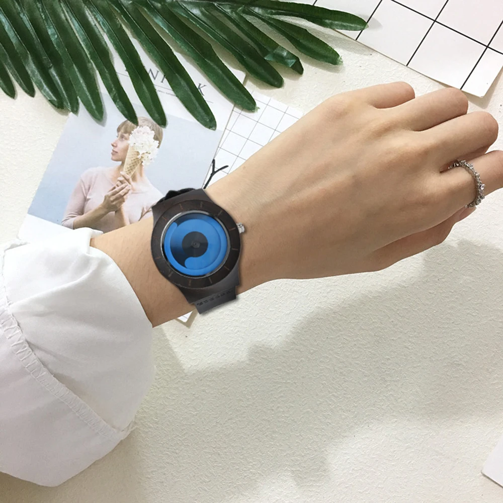 YISUYA Blue Turntable Men's Bamboo Wooden Wrist Watch Women Unisex Quartz Novel Wood Clock Genuine Leather Band Strap Watch Gift (15)