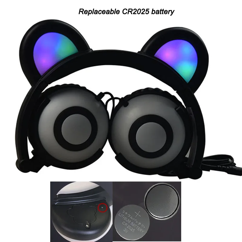 Flash glowing Bear Ear Headphone with convenient replaceable battery