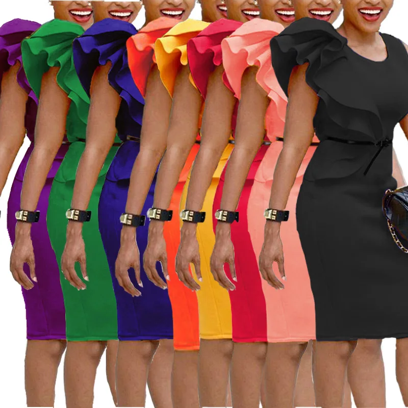 

Summer fashion pleated wooden ear sleeveless women's pencil asymmetric slim party casual OL solid color dress S~6XL