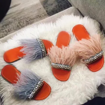 

2018 New Arrival Crystal Feather Embellished Slippers Beach Vocation Summer Dress Shoes Flat Slides Women Sandals Wholesale