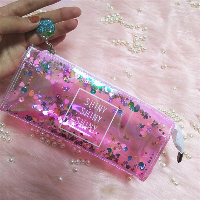 Fashion Harajuku Charms Zipper Hologram Metallic Color Sequin Transparent Laser Pencil Case Woman Cosmetics Makeup Bag Handbag (44)