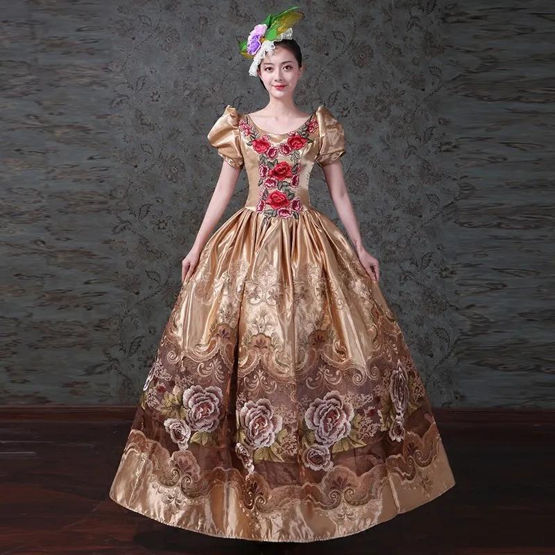 

18th Century Gold O-Neck Short Sleeve Floral Embroidery masquerade dresses Medieval Renaissance Victorian Dress