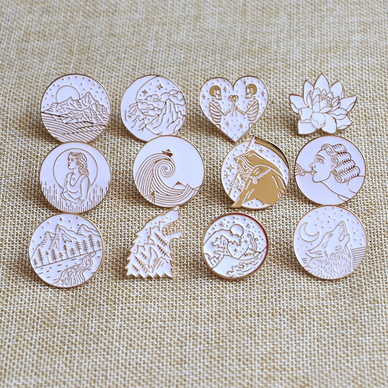 

30pcs/lot White Round Brooches Gold Line Enamel Pin for Kids Lapel Pin Hat/bag Pins Denim Jacket Women Brooch Badge SC4525