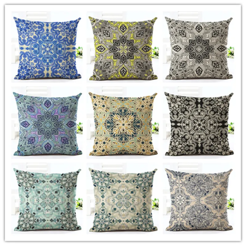 Qinqingo 4-Pack Retro Buddha & Mandala Pillow Covers - 18x18 Inch Cotton Linen For Sofa & Bed